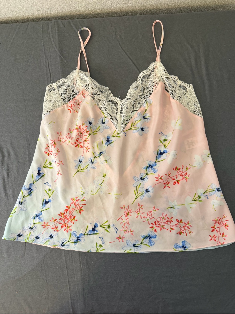 Set of Floral Lace-Trim Satin Cami in Soft Pink and Floral lace night shorts